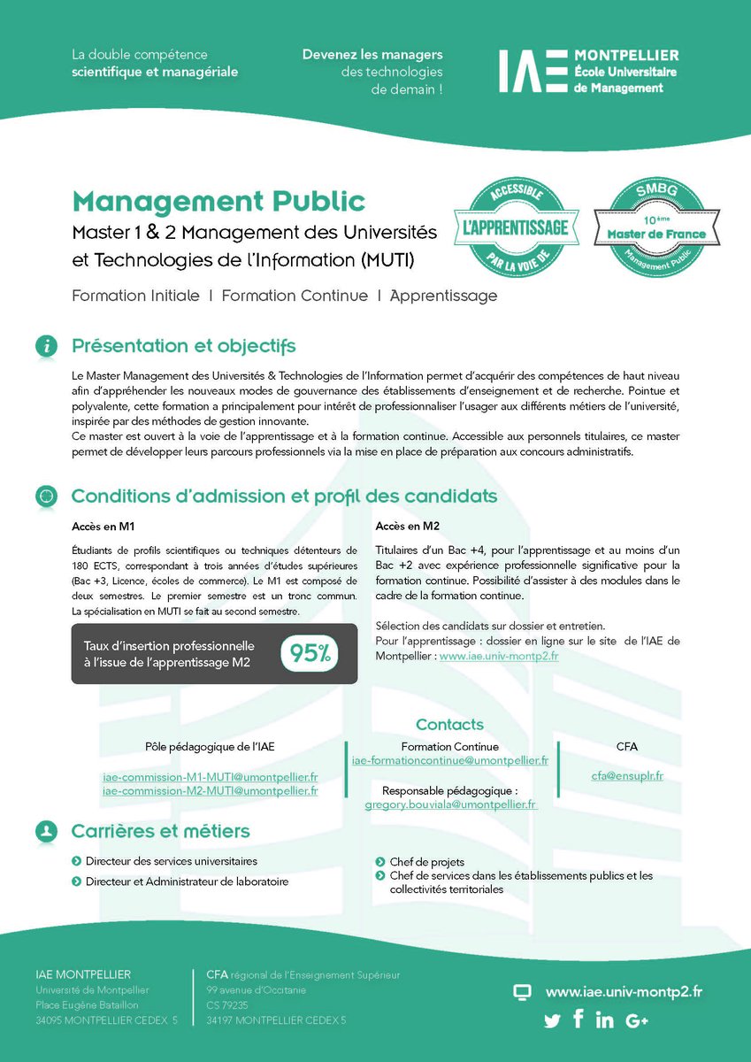 IAE_Montpellier's tweet photo. Les candidatures au master Management des Universités et Technologies de l'Information (MUTI) sont ouvertes 🎓  
⚠️ La date limite du dépôt des dossiers est fixée au 21/04/2018.
🖥 Pour déposer un dossier > https://t.co/PE0PaPciKL 
👉 Infos M1 > https://t.co/BooKoBrWbm https://t.co/WJx4MPMH8x