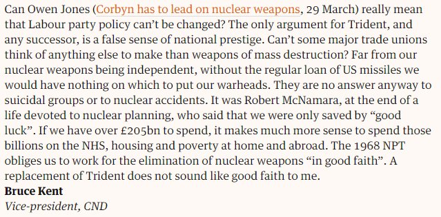 "The only argument for Trident, and any successor, is a false sense of national prestige" pens Bruce Kent, CND Vice-President, in a letter in the <a href="/guardian/">The Guardian</a>. READ bit.ly/2q0i4hh