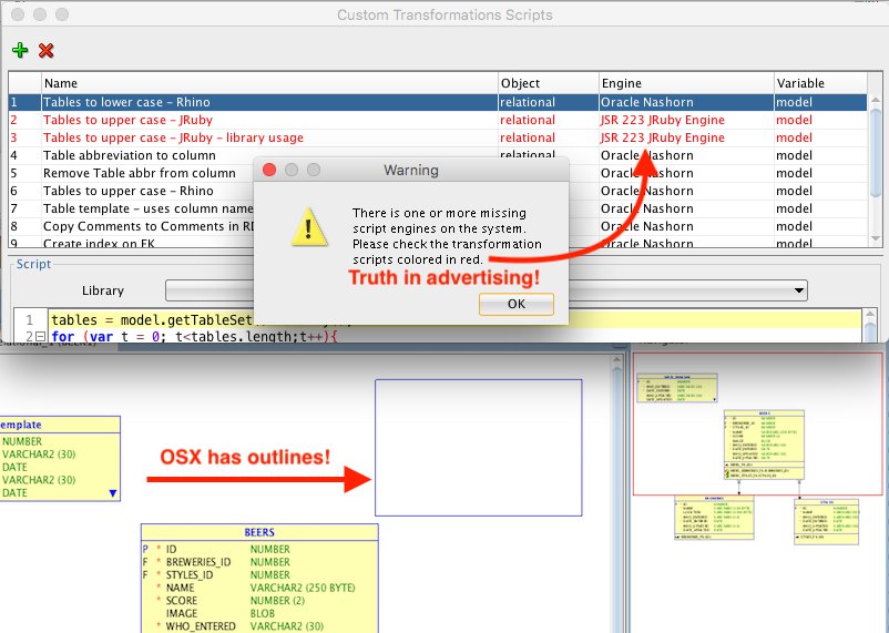 dschleis's tweet image. Exciting news! @OracleSQLDev #DataModeler version 18.1 is out with 2 pains fixed. Missing script engines in red is back, and OSX look and feel has outlines when creating!