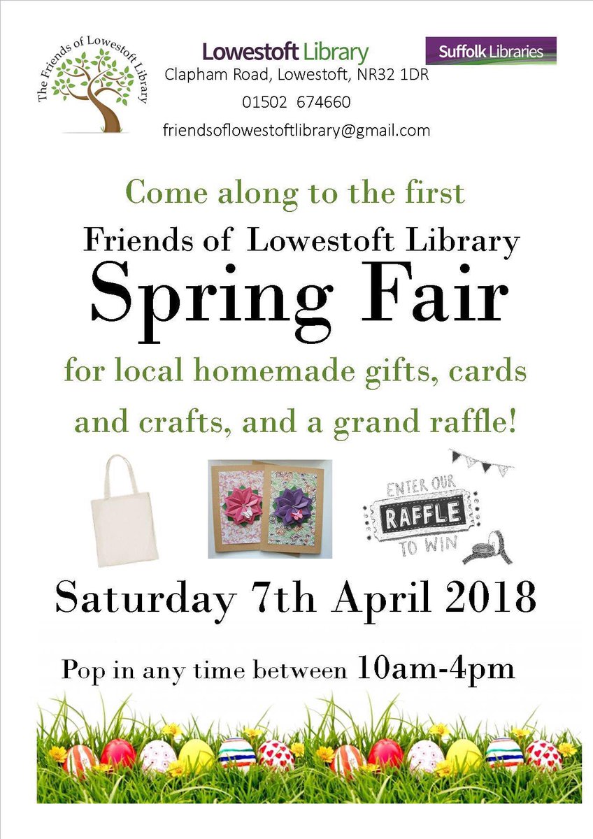 FriendsOfLowLib's tweet photo. Less than a week until the Spring Fair at @LowestoftLib! Pop along any time between 10 and 4 to discover amazing local crafts and enter our grand raffle...

Entry is free, all welcome. Stalls will be located around the library - come and explore! https://t.co/HUaVUMguRH