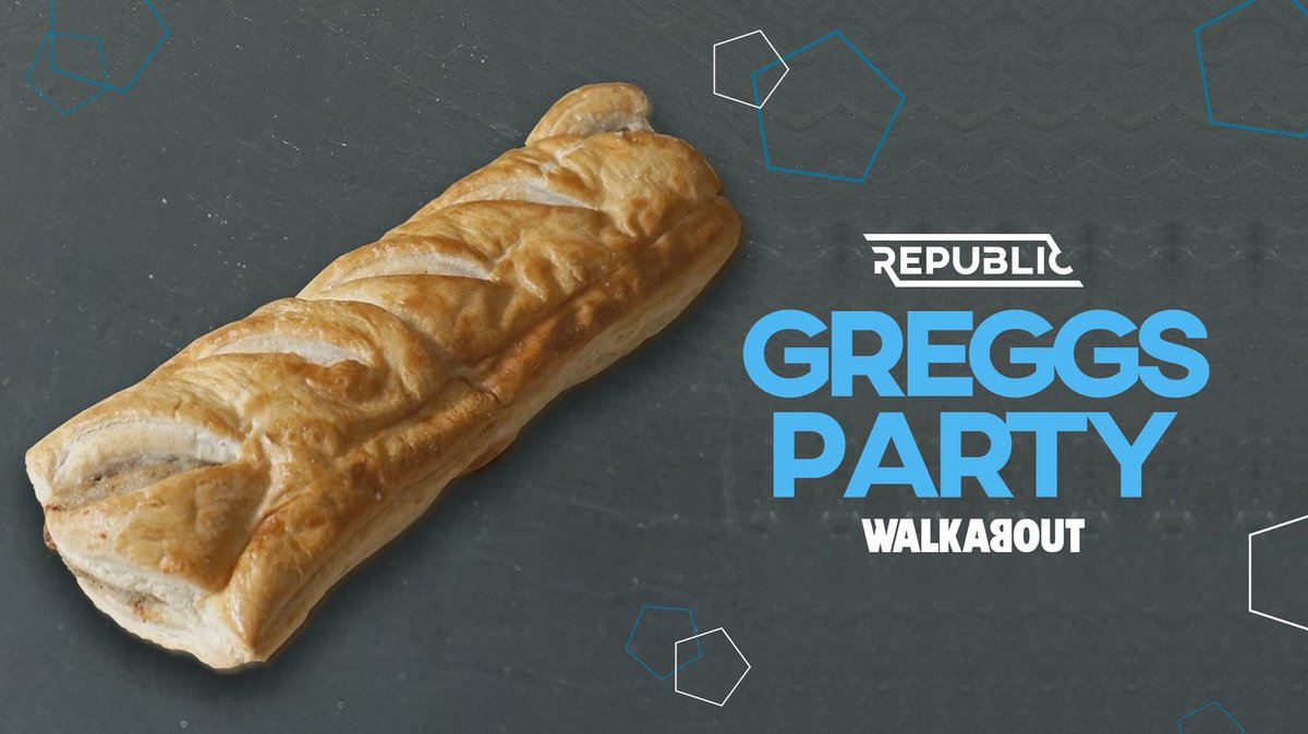 RepublicCol's tweet photo. Greggs Party this Friday @WalkaboutCol! 

Expect:
🌭 FREE Sausage Rolls
🌭 Greggs Voucher Giveaways 
🌭 LIVE Sausage Eating Comp 

£2 Vodka Mixers &amp; 3 Shots for £5

Limited availability on VIP Booths! DM us to book! https://t.co/g1rjiTQktA
