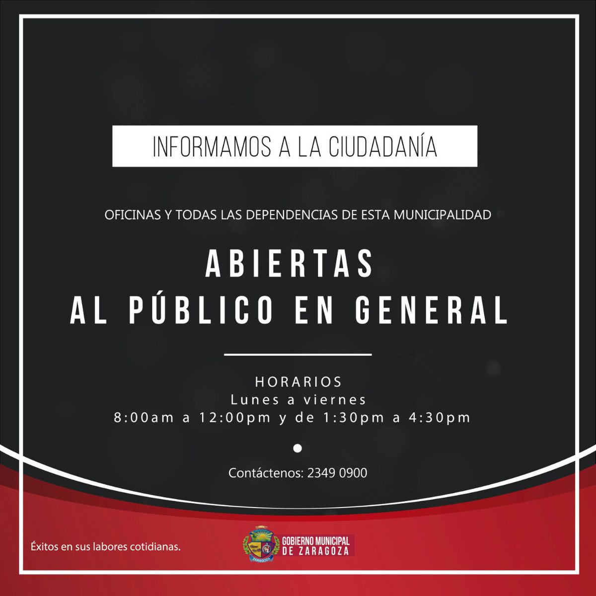 Aviso Importante:

Le comunico a la ciudadía de Zaragoza y en general que ya abrimos las puertas de nuestra <a href="/Gob_Zaragoza/">Alcaldía de Zaragoza</a>. Ya pueden acercarse a relizar sus trámites en los horarios de siempre.

¡Les esperamos! <a href="/FmlnAlcaldias/">AlcaldiasFMLN</a>