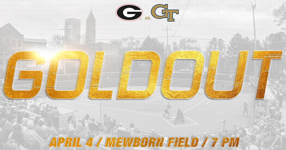 GaTechMarketing's tweet photo. Georgia Tech Softball takes on the Georgia Bulldogs April 4th @7pm! First 100 fans receive goldout tshirts!  #THWg #Goldout https://t.co/VDGzDW3GM5