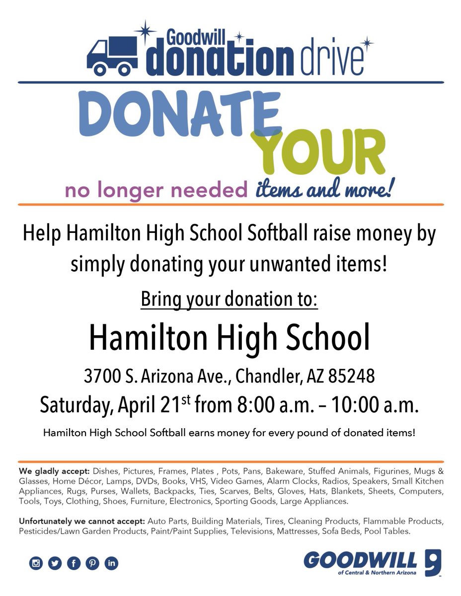 Help @HamiltonSoftbal  raise money by donating your unwanted items Saturday 4/21 - 8 to 10 am in the Hamilton parking lot. Appreciate spreading the word. <a href="/huskies_soccer/">Hamilton High School Girl’s Soccer</a> <a href="/hamilton_cheer/">Hamilton Cheer</a> @coachjjford1 <a href="/CUSDAthletics/">CUSDAthletics</a> <a href="/CompanyHamilton/">HAMILTON ADVISORS COMPANY</a> <a href="/Hamilton_High/">Hamilton High School</a> RETWEET!!