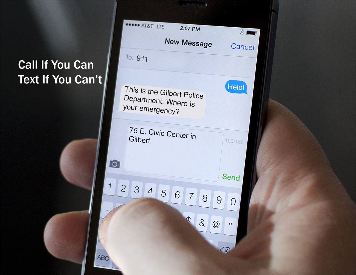 GilbertPolice's tweet photo. Major cell phone carriers have txt to 911 available. Include location of emergency. No group/pic txts, no translation services available. 📱
#TuesdayThoughts https://t.co/JzZEM3hPc9