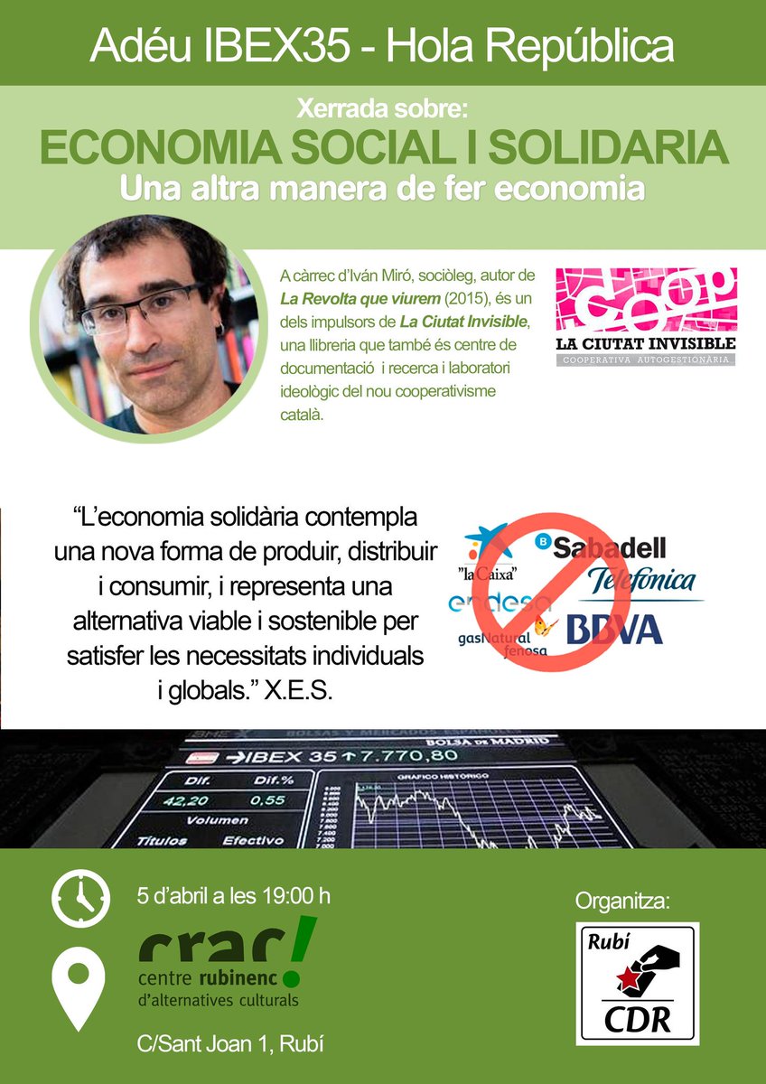 CdrRubi's tweet photo. Aquest dijous 5 a #rubicity ens visita l'@ivan_sants, membre de la @ciutatinvisible i cooperativista que ens explicarà una altra manera de fer economia. A les 19h al @CRACRubi. T'ho perdràs? https://t.co/iiPioBwPCI