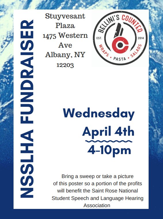 StRoseSA's tweet image. TOMORROW April 4th from 4-10pm NSSLHA is hosting a fundraiser at Bellini's Counter in Stuyvesant Plaza! Take a picture of this flyer or bring the poster for profits to be donated to NSSLHA.