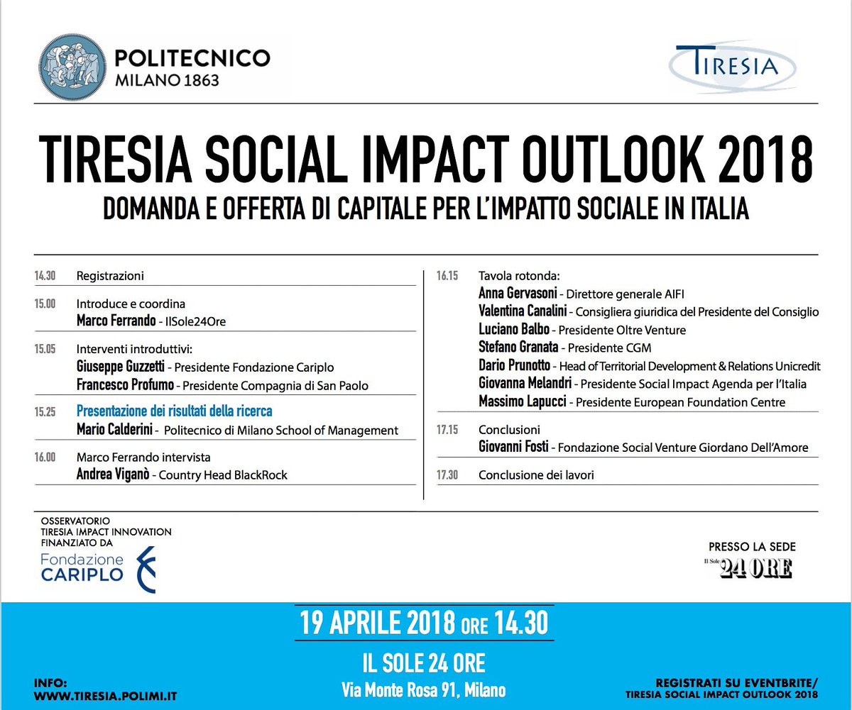 Tiresia_Polimi's tweet photo. SAVE THE DATE. Ecco il programma di #TiresiaSocialImpactOutlook2018 
Il 19 aprile 2018 presso @sole24ore 

Per registrarsi e rimanere aggiornati:
https://t.co/aBnM3fcj3O
@polimi @FondCariplo https://t.co/Xc64UVXTdn