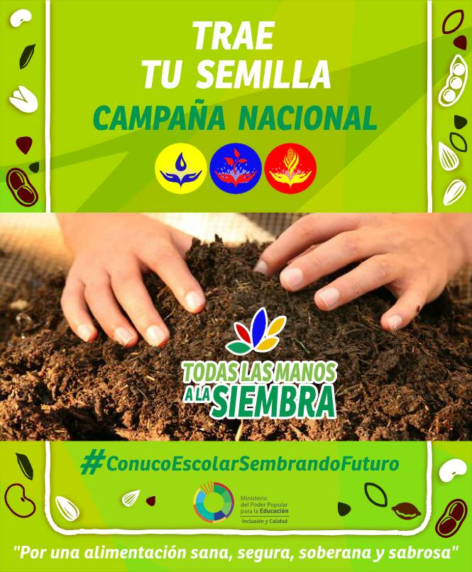 #ConucoEscolarSembrandoFuturo campaña nacional Trae tu Semilla a la Escuela. Vamos juntos a construir una nueva cultura productiva. Por una alimentacion sana, segura, soberana y sabrosa!! <a href="/JauaMiranda/">Elías Jaua</a> <a href="/NicolasMaduro/">Nicolás Maduro</a> @josevsierra <a href="/comunicadores21/">#DondeEstaCarlosLanz</a> <a href="/fttselara/">Bony Gomez</a> <a href="/maestratuitera/">Miriam Mayorga</a>