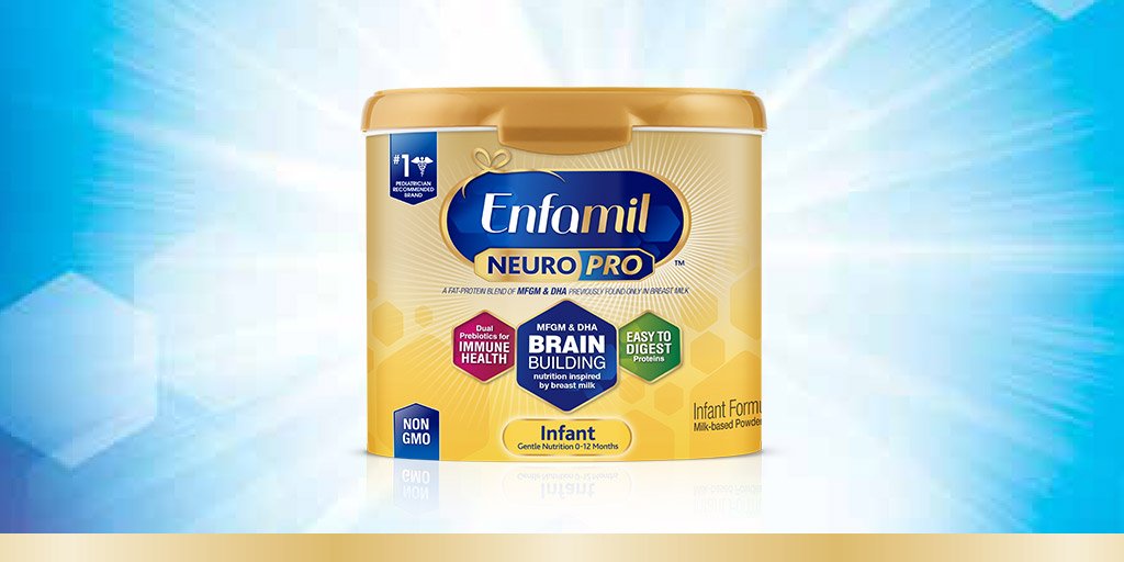 Enfamil's tweet photo. Introducing Enfamil NeuroPro™: The first formula that has an MFGM & DHA blend for brain-building nutrition. #BrainFirst #NeuroPro https://t.co/MLCocBWfQx https://t.co/KejcOcJ8CX