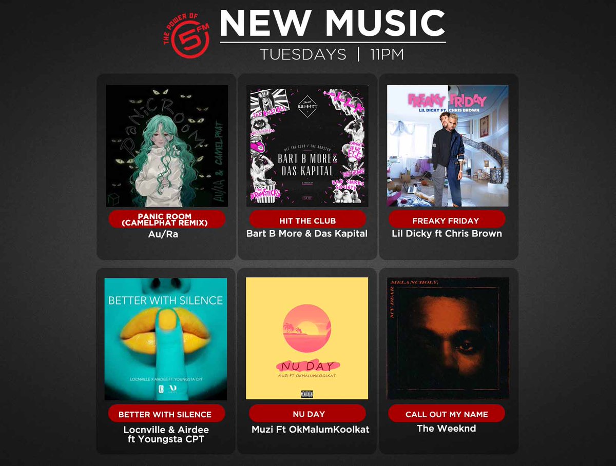 5FM (@5fm) on Twitter photo Some AMAZING new tracks added to our playlist today:
<a href="/heyitsau_ra/">green bean</a> (<a href="/CamelPhat/">CAMELPHAT</a> remix)
<a href="/bartbmore/">Bart B More</a> & <a href="/iamDasKapital/">DAS KAPITAL</a>
<a href="/lildickytweets/">Dave</a> ft <a href="/chrisbrown/">Chris Brown</a>
<a href="/Locnville/">Locnville</a> & <a href="/AirDeeGlobal/">AirDee</a> ft <a href="/YoungstaCpt/">$LIM Y?OUNG</a>
<a href="/muziou/">Muzi πΏπ¦</a> ft <a href="/okmalumkoolkat/">DON SPOVINGTON</a>
<a href="/theweeknd/">Abel Tesfaye</a> Some AMAZING new tracks added to our playlist today:
<a href="/heyitsau_ra/">green bean</a> (<a href="/CamelPhat/">CAMELPHAT</a> remix)
<a href="/bartbmore/">Bart B More</a> & <a href="/iamDasKapital/">DAS KAPITAL</a>
<a href="/lildickytweets/">Dave</a> ft <a href="/chrisbrown/">Chris Brown</a>
<a href="/Locnville/">Locnville</a> & <a href="/AirDeeGlobal/">AirDee</a> ft <a href="/YoungstaCpt/">$LIM Y?OUNG</a>
<a href="/muziou/">Muzi πΏπ¦</a> ft <a href="/okmalumkoolkat/">DON SPOVINGTON</a>
<a href="/theweeknd/">Abel Tesfaye</a>