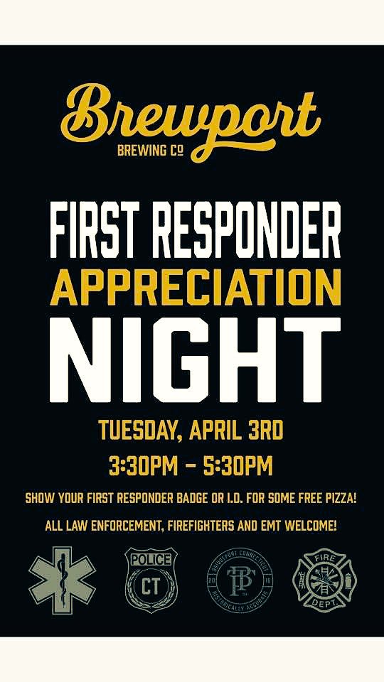 First Responders we're looking for you!👀
We would like to invite all First Responders to come and join us today for 
FREE PIZZA!🍕🍕

📍TODAY from 3:30pm-5:30pm @ Brewport🍻

*Just bring your first responder ID or badge! 
#ctbeer #brewport #FirstResponders #pizza