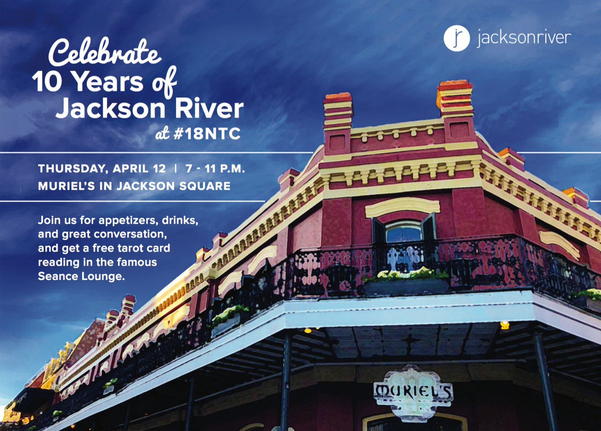 jacksonriver's tweet photo. Coming to #18NTC? Help us celebrate 10 years of @jacksonriver  and @gospringboard ! We're celebrating with a huge birthday bash at @MurielsNOLA. RSVP &amp; deets here: https://t.co/keNiKxMIWX https://t.co/a14qcP0bYX