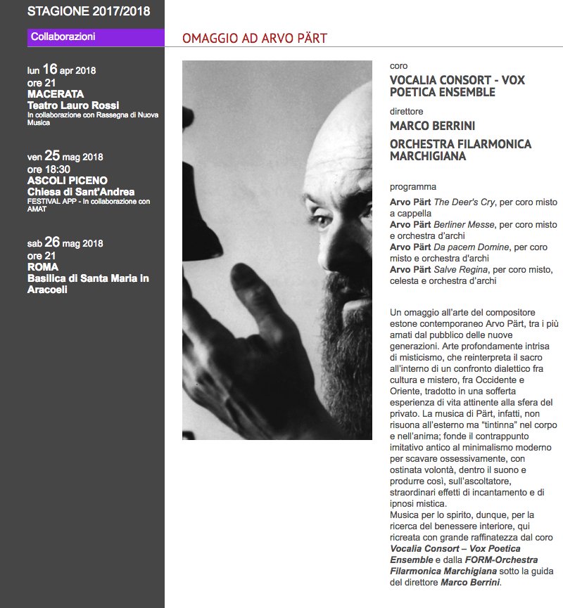 MACERATA, ASCOLI PICENO, ROMA

OMAGGIO AD ARVO PÄRT
​
Vocalia Consort, Roma
Vox Poetica Ensemble, Fermo
Orchestra Filarmonica Marchigiana
​Marco Berrini, direttore