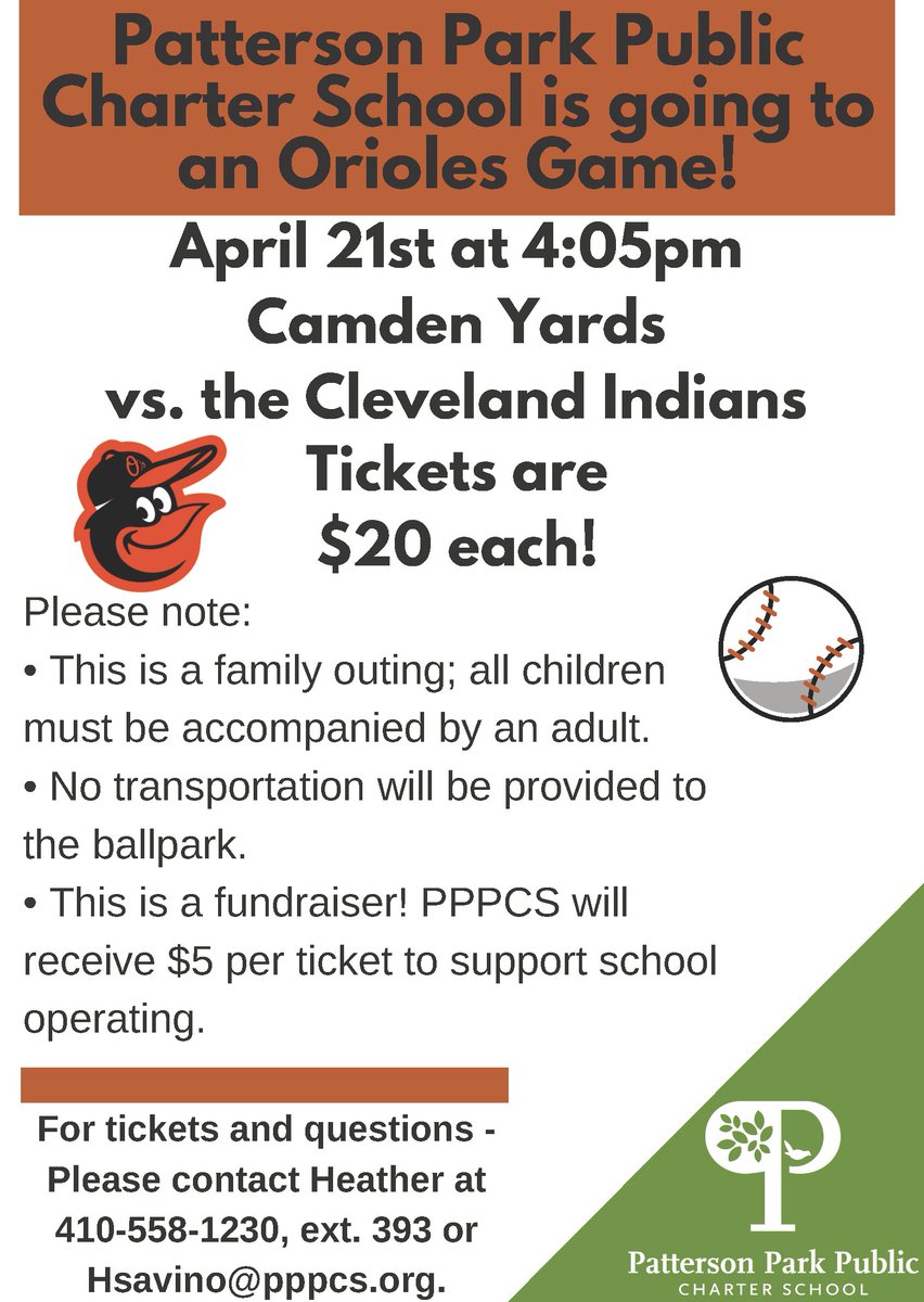 pppcs's tweet image. PPPCS is headed to the April 21st @Orioles Game at 4:05pm v @Indians! Join PPPCS families, friends, and staff for $20 a ticket! Contact Heather, Development Coordinator, at Hsavino@pppcs.org about purchasing tickets! #Birdland #BaseballisBack #fundraiser