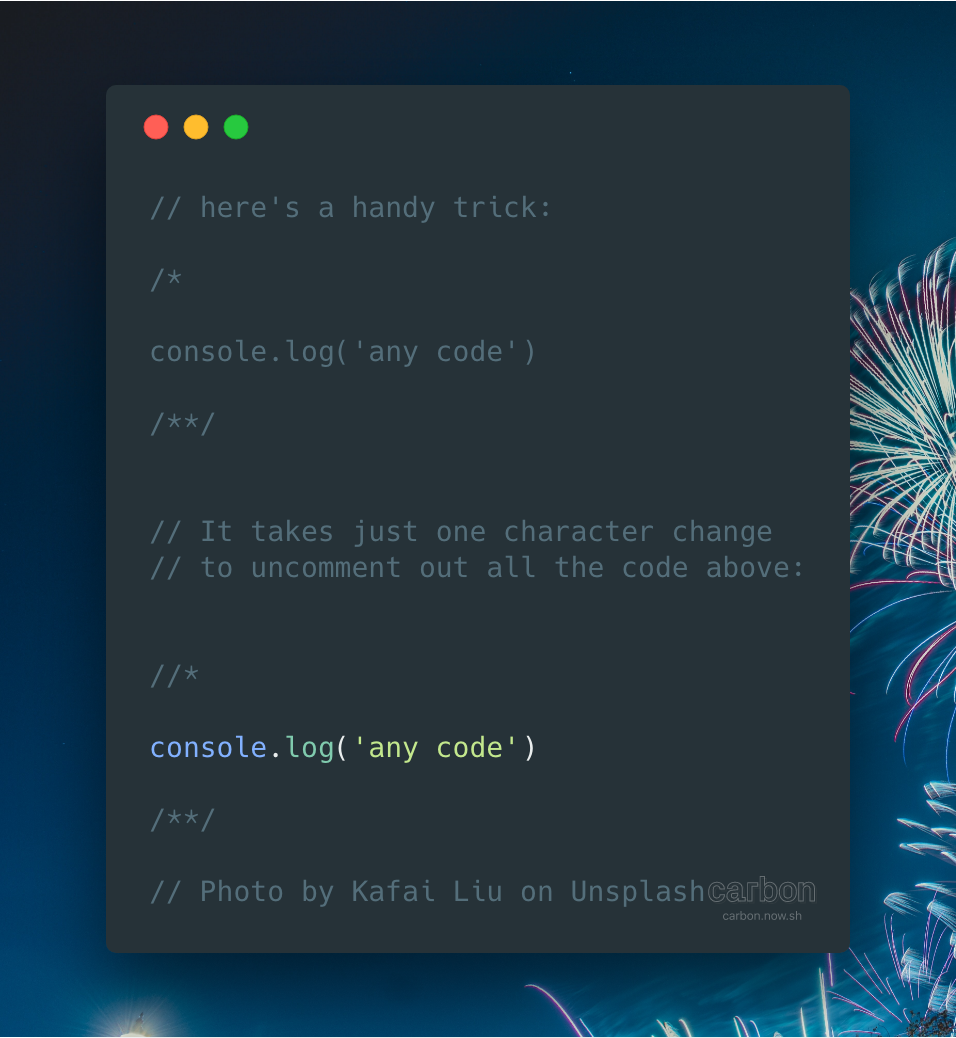 Here's a handy trick you can do with code comments :) I learned this from <a href="/mzabriskie/">😸 matt zabriskie 🤖</a> back in the day.

gist.github.com/kentcdodds/b5a…