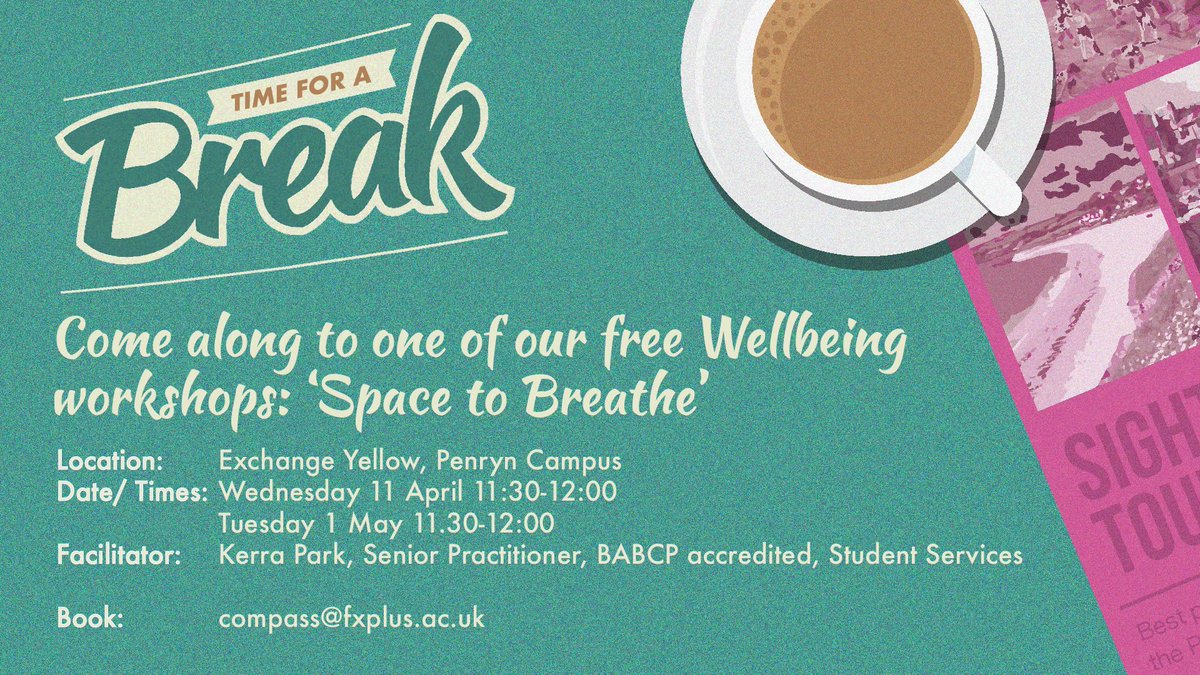 FXStudents's tweet image. Come along to one of our free Wellbeing workshops and give yourself a ‘Space to Breathe’ Wed 11 April – 11.30am - 12pm and/or Tues 1 May – 11.30am – 12pm, in Exchange Yellow. Booking essential via compass@fxplus.ac.uk  #timeforabreak #deadlinedestress