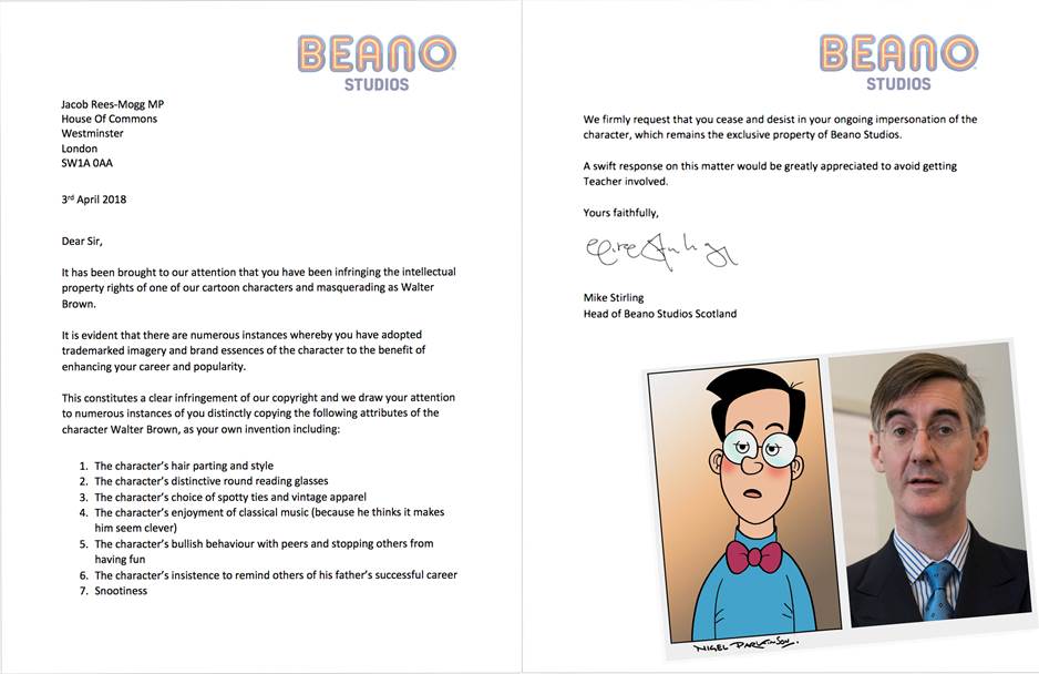 BeanoOfficial's tweet image. It’s come to our readers attention that @Jacob_Rees_Mogg has been masquerading as Beano character Walter Brown. A clear breach of our copyright.
