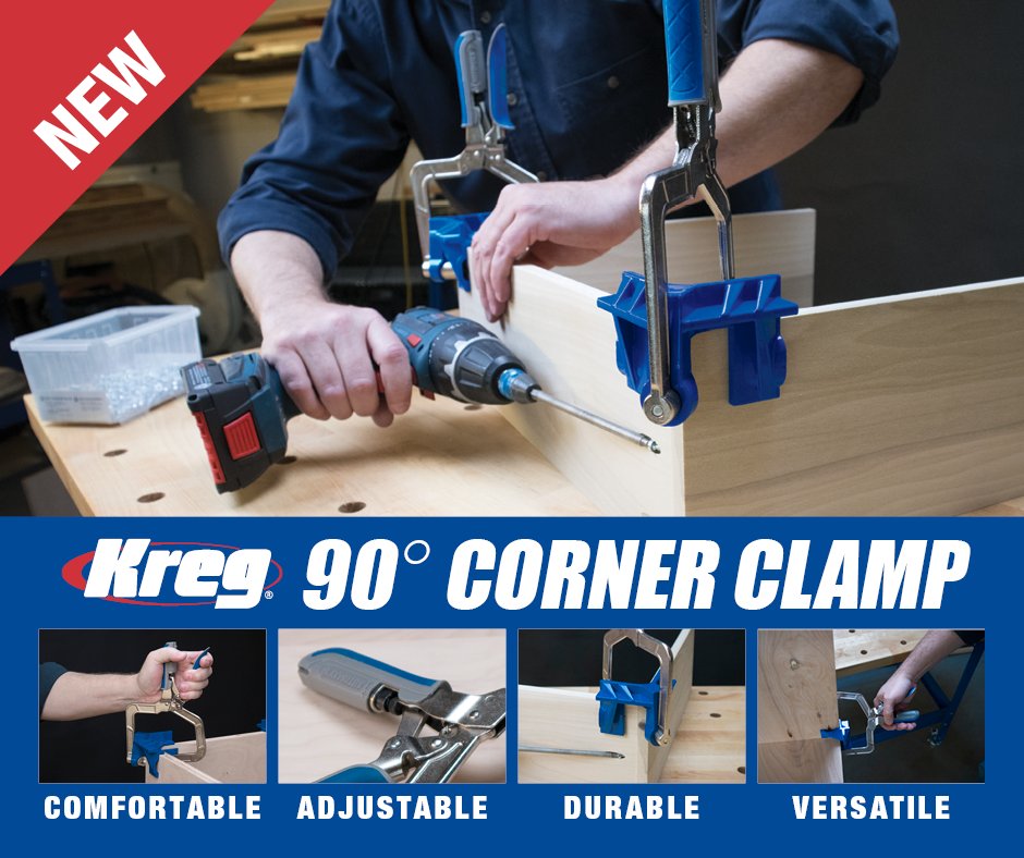 Kreg Tool on X: Now Available! 90° Corner Clamp   The easy way to hold 90° corner joints and “T” joints in boxes, cabinets,  and cases.  / X