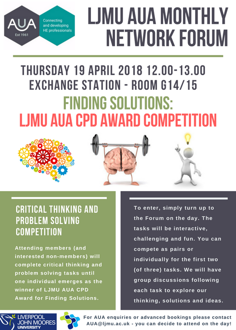 AUA_LJMU's tweet photo. Announcing the final LJMU AUA CPD Award competition of the 2017/18 academic year, for 'Finding Solutions' at our monthly Network Forum for April @The_AUA @LJMUstaff #INTERACTIVECPD https://t.co/U3mh7Rj3pe