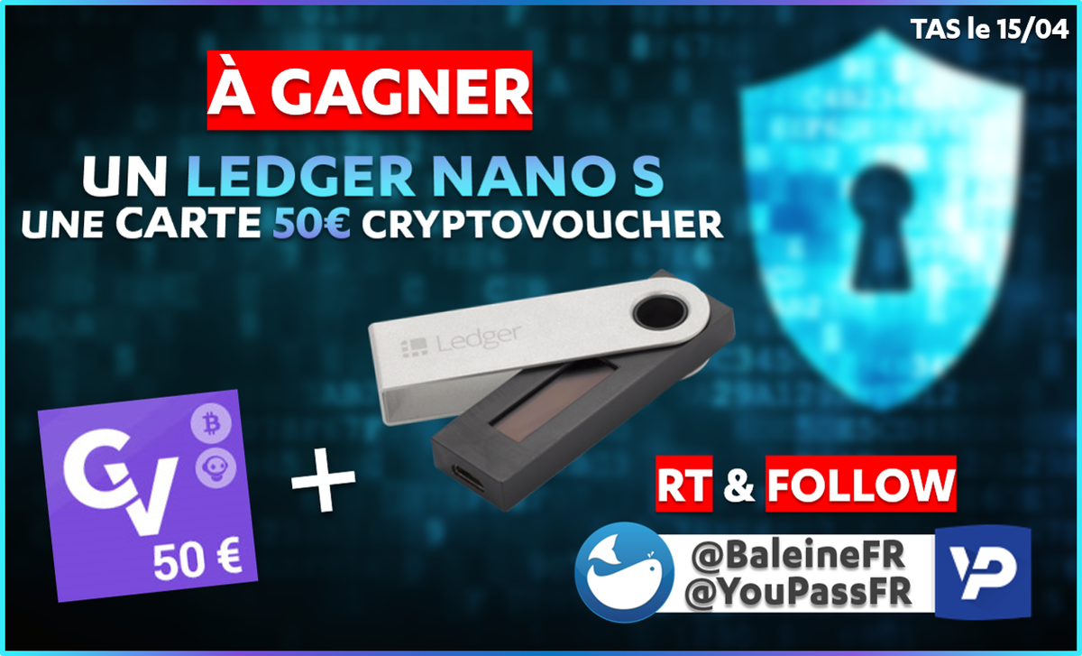 BaleineFR's tweet photo. 🎁 Protège tes cryptos avec YouPass &amp; La Baleine 🚀

1 LEDGER NANO S + 50€ DE BITCOIN A GAGNER ! 
🔹RT ce tweet 
🔹Follow @YouPassFR &amp; @BaleineFR 
🔹Fais un tweet avec #BaleineSecure

Résultat le 15 avril ! https://t.co/Ga0IAu6Ve7