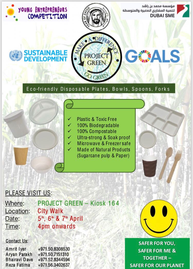 Bhairavi_d's tweet photo. Help us make a difference one step at a time. Eco-friendly disposables  at 'Project Green' at City Walk for a sustainable future.  Hope to see you there! More details provided below.
#YoungEntrepreneursCompetition @KNargish @DxbModern @9and10GMA https://t.co/AeG4XciXj5