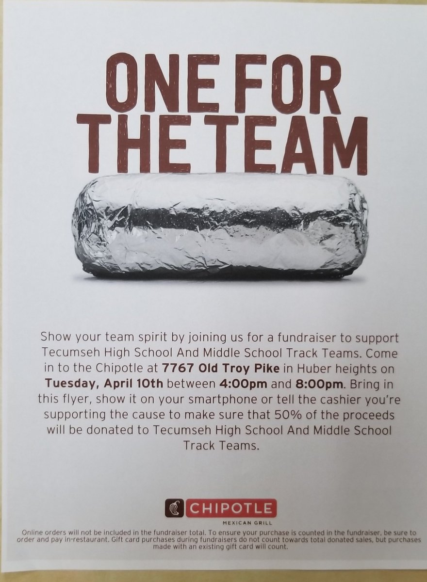 Tecumseh_Arrows's tweet image. Looking for dinner plans on April 10th? Help support the high school and middle school track teams by eating at Chipotle in Huber Heights. Present the attached flyer between 4pm and 8pm.