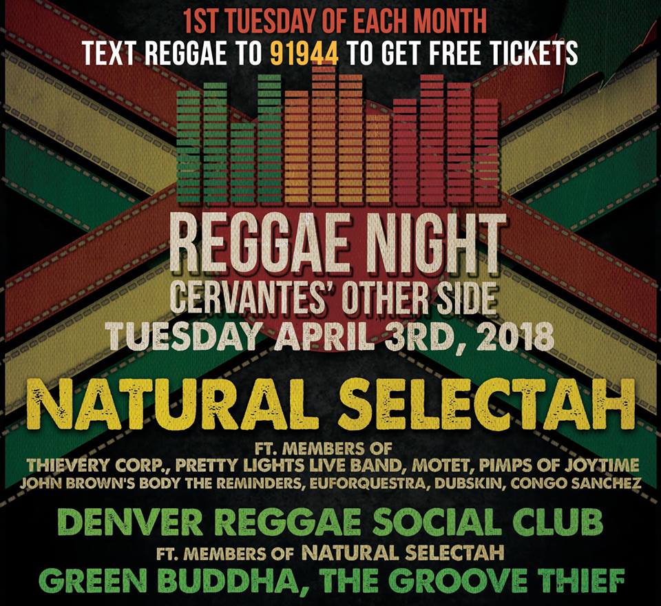 CervantesDenver's tweet photo. TONIGHT!
Join us for #ReggaeTuesdays ft #NaturalSelectah with #DenverReggaeSocialClub, #GreenBuddha and @TheGrooveThief at Cervantes' Other Side. See you there!
Doors: 7:00 pm / Show: 7:15 pm
Tickets: https://t.co/3IFiefWMqb https://t.co/Wwd8MA7x3Z
