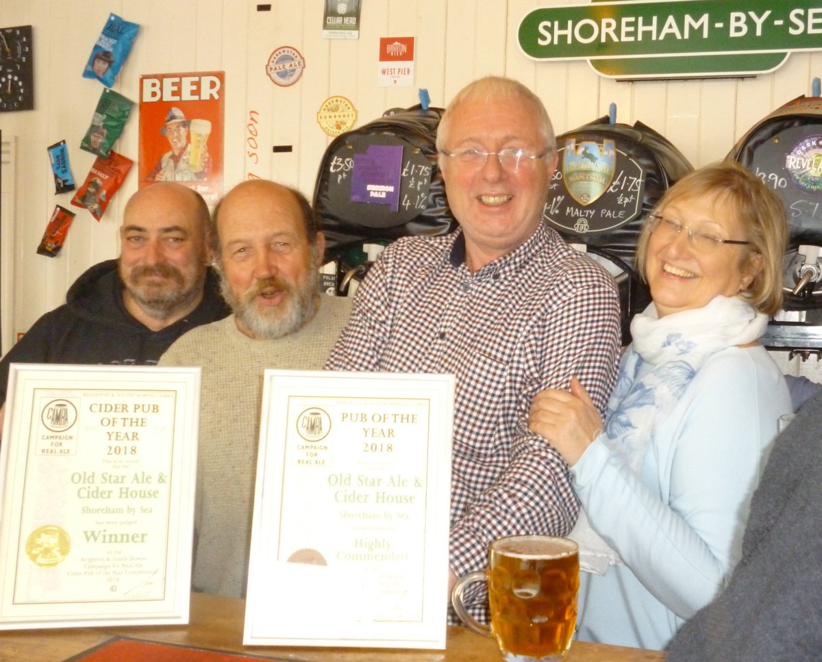 oldstarshoreham's tweet photo. Great news! The Old Star has won Brighton and South Downs CAMRA Cider and Perry Pub of the Year 2018 PLUS Highly Recommended in the Pub of the Year Category! Big thanks to all our lovely customers and suppliers! Cheers! #micropub #caskale #shoreham https://t.co/z6qrGJpyNt