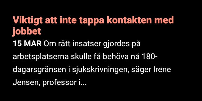 CSWahlin's tweet photo. Genomför rätt insatser på arbetsplatserna och förhindra långvarig sjukskrivning säger @professorns vid @karolinskainst i tidningen 
@DagensArbete Budskap: tappa inte kontakten med jobbet under sjukskrivningen #svmed #rehabilitering @LOSverige @ifmetall https://t.co/139tpNpArE https://t.co/WIUqGKlZNT
