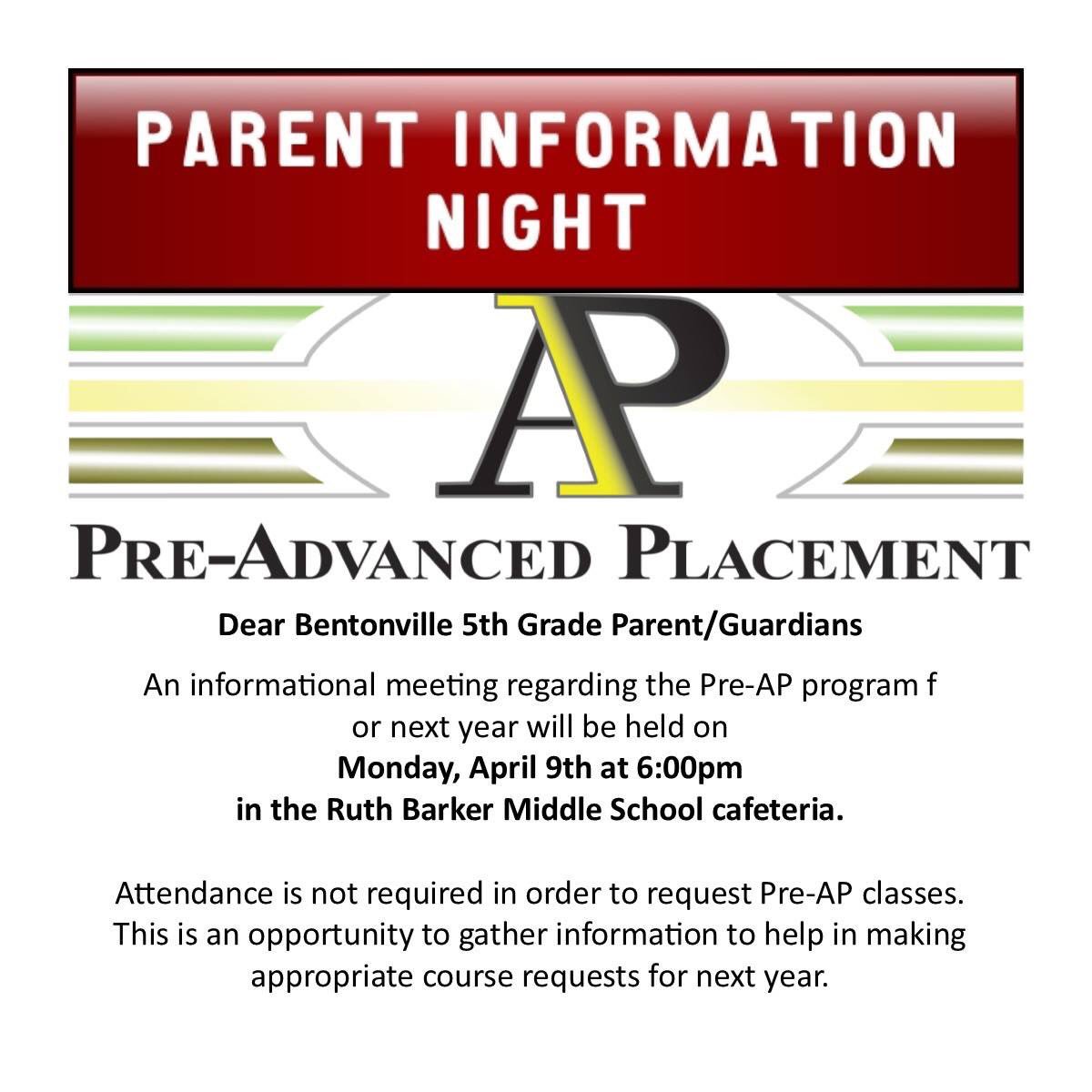 Pre-AP Info night for current Bentonville 5th grade parents/guardians