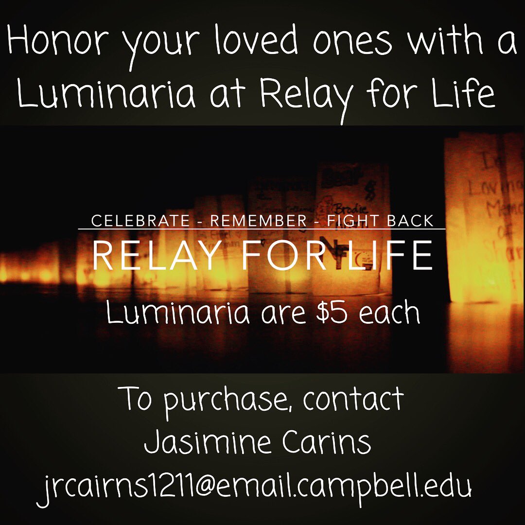 CU_Relay's tweet image. Purchase a luminaria to be displayed at Relay for Life in honor of your loved ones! Luminaria are $5 each, contact Jasmine to purchase or for more information! 🐪 #CURelay #campbelluniversity #relayforlife