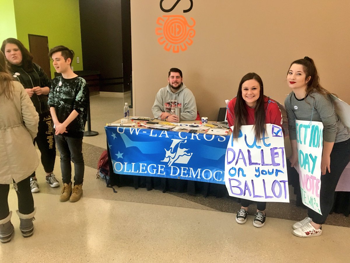 MollyIngalls's tweet photo. Ran into the UWL College Dems talking to some voters! Remember to vote today! #VoteApril3rd https://t.co/Ss1fw3ocK5