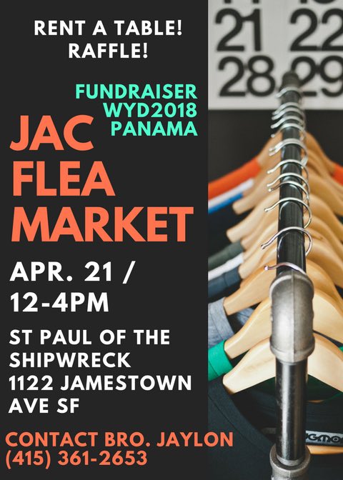 jacstaff's tweet photo. Join us on April 21st for our Flea Market! This event will help raise money for our trip to Panama to attend World Youth Day 2018! If you are interested in renting a table, feel free to contact us! Stay blessed BASIC! https://t.co/7J3cq40LPa