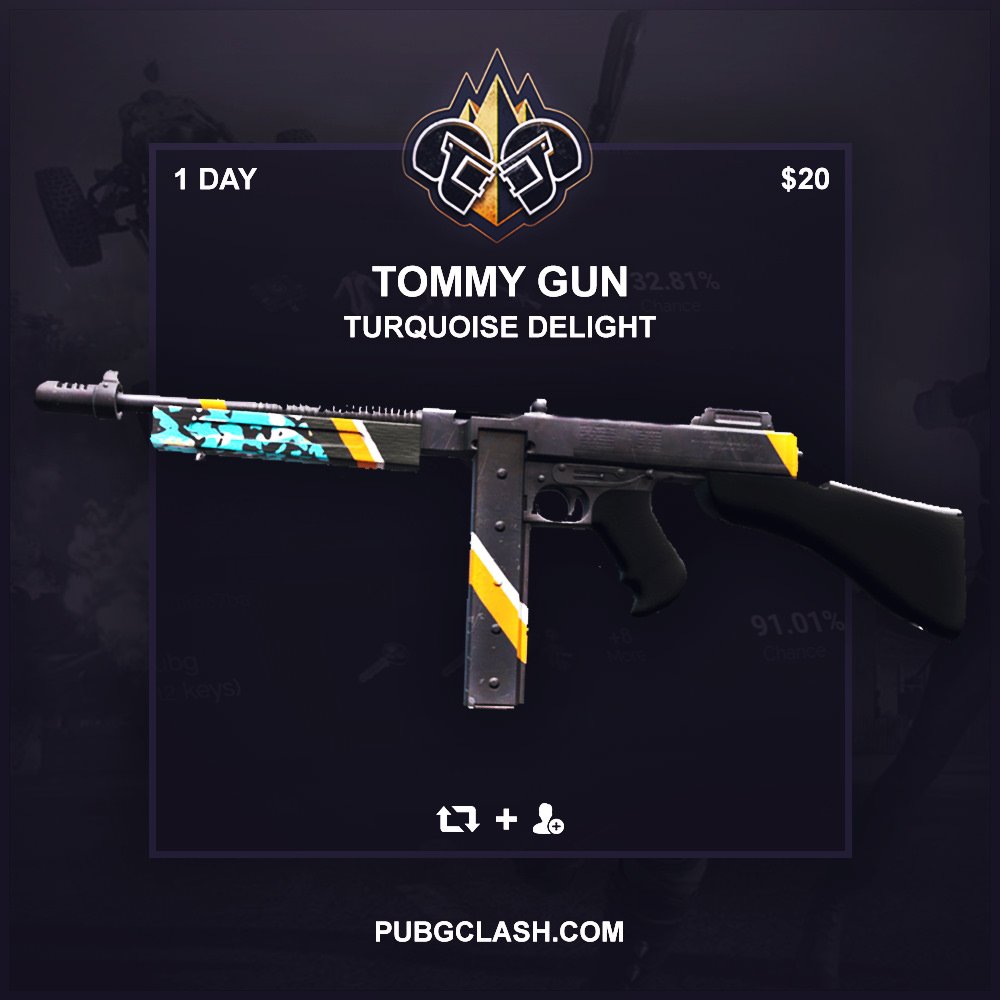 PUBGClash's tweet photo. Tommy Gun Turquoise Delight

✔️ Retweet and Like
✔️ Tag 2 friends.
✔️ Follow @PUBGClash 

Good Luck! 🎁 https://t.co/BFVyUYkHmH