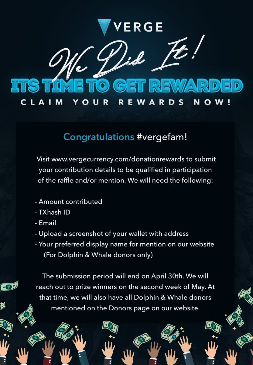 Our deepest gratitude to #vergefam for helping us to achieve this partnership! As you know, we’ve launched a donation rewards program in effort to reward all of those that helped make this happen. Go to our dedicated page  vergecurrency.com/donationrewards to submit your contribution!