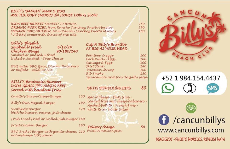 After receiving many requests we now have delivery to you! Fast, fresh and courteous. Please see our menu below and call 984.154.4437 for delivery. #bbqondemand #cancunbillys #brisket #wings #burritos #burgers #organic #rivieramaya