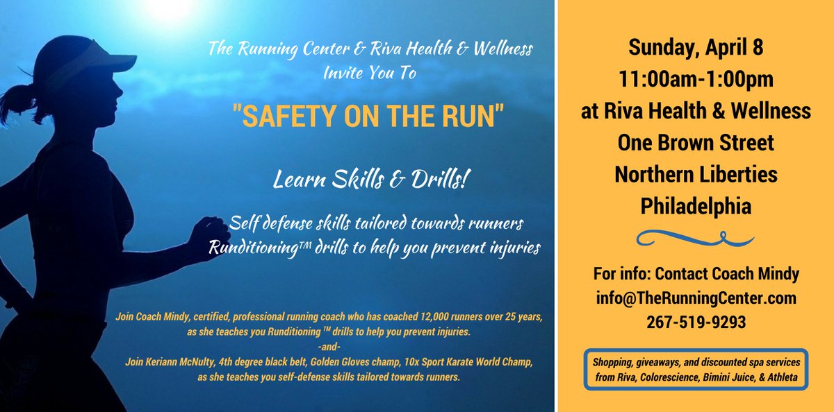 RunningCenter's tweet photo. Join Coach Mindy at Safety On The Run event. Sun, 4/8, from 11am to 1pm. Riva Health &amp; Wellness, 1 Brown St, Phila. Learn skills &amp; drills to stay safe on the run and safe from injuries. https://t.co/LEa99DyhP8