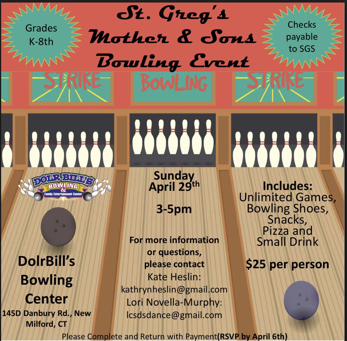 Calling all Mother’s &amp; Son’s!  Come join us for our Mother &amp; Son Bowling Event Sunday April 29!