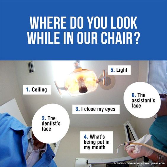 We all know too well that sometimes sitting in a chair while someone looks inside your mouth can feel a little awkward - so why not have a little fun with it! Where do you look when your sitting in the chair? #DentalHumor #Funny #MyClevelandDentist #HylanDentalCare #Awkward