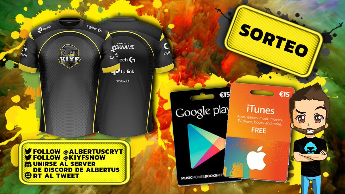 🔥 SORTEO 🔥
Camiseta oficial de KIYF eSports + tarjeta de 15€/$ google/iOs

2 ganadores!

Requisitos:
⭕ Follow @AlbertusCRyt
⭕ Follow <a href="/KIYFSnow/">KIYF Snow</a>
⭕Hacer 🔃RT a este tweet
⭕Unirse a mi server de discord
discord.gg/WgTHUCu

Envío de la camiseta solo en España

Fin 4/5/18
