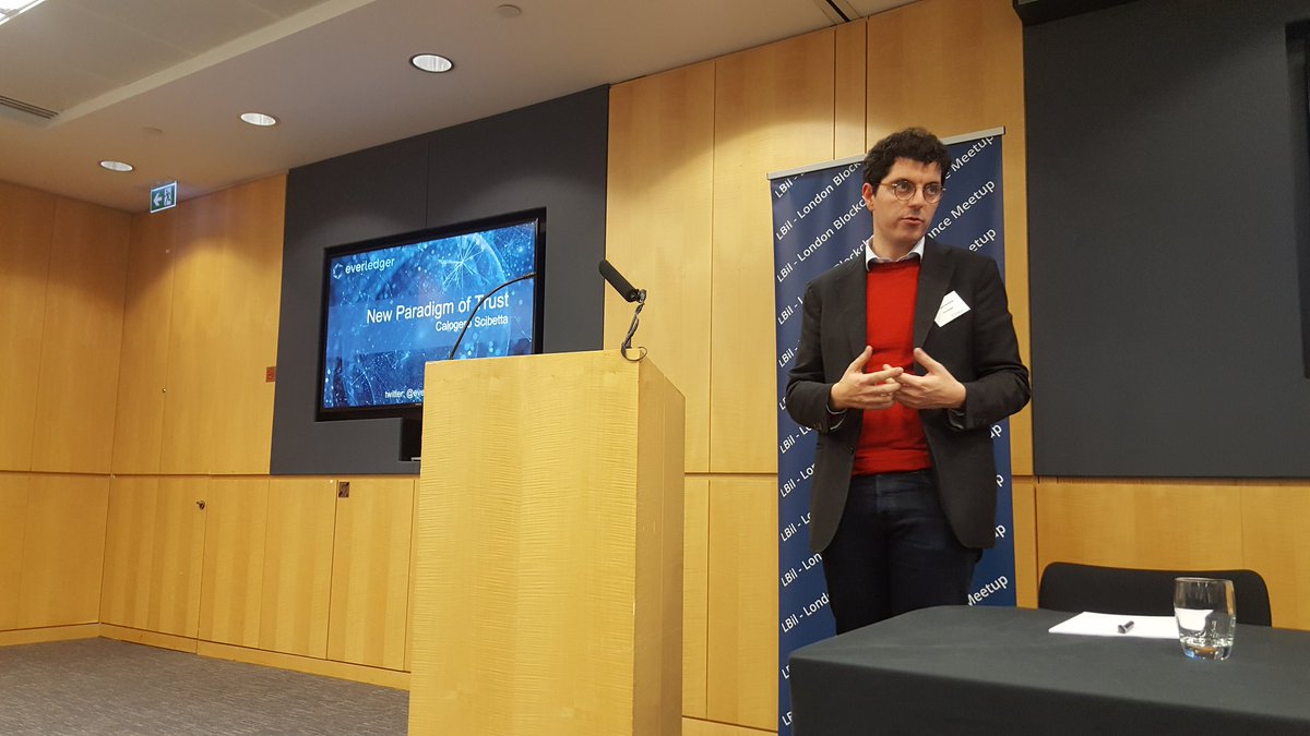 gpn01's tweet photo. First speaker of the evening at #LBiI  event is @everledgerio Calogero Scibetta talking about a New Paradigm of Trust #dlt #blockchain https://t.co/YPNXUHLhty
