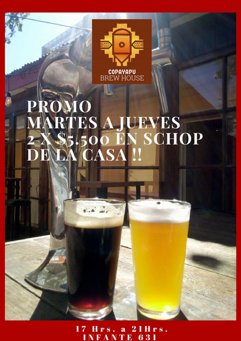 Recuerden que de martes a jueves nuestras cervezas están en promoción de 17 a 21 hrs, en <a href="/CopayapuB/">Copayapu BrewHouse</a>.

#craftbeer #Copayapubrewhouse #beergarden #promosalvadora