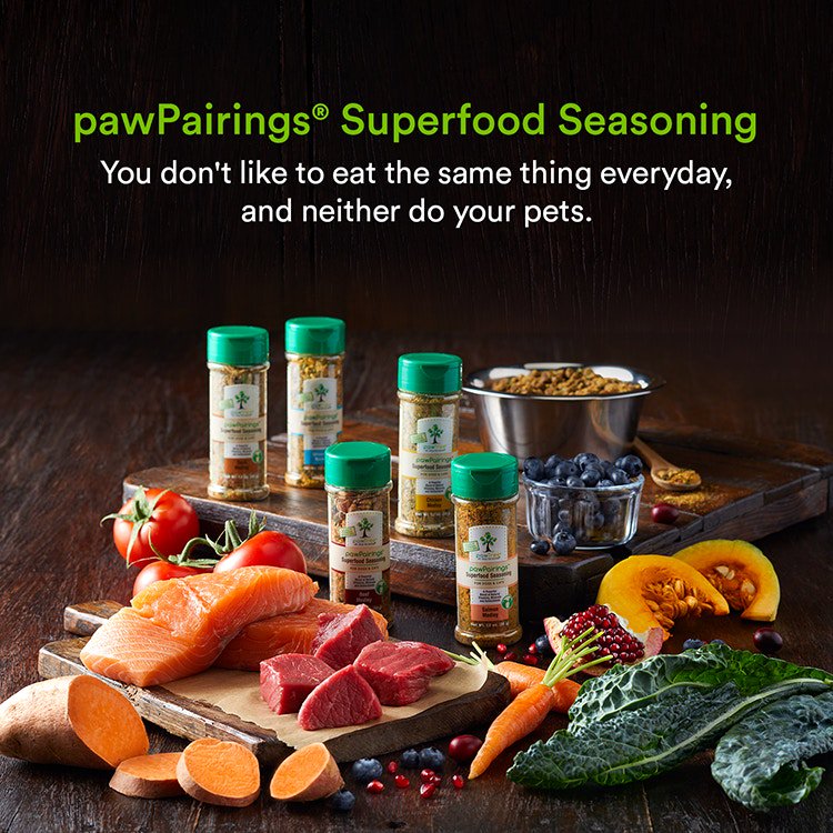 pawTree's tweet image. pawPairings Superfood Seasonings give your pet the variety they crave with a freeze-dried protein source and a blend of 8 superfoods! It's nutritiously delicious! #pawPairings #pawTree