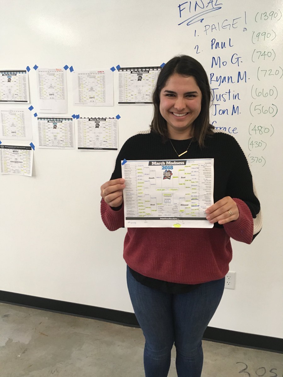 goalbookapp's tweet photo. We're taking @paigelaff to Vegas! Nailed the #MarchMadness bracket her first time ever (just for office fun, of course). How did you do? @marchmadness @VillanovaU #MarchMadness2018 #marchmadnessbracket #perfectbracketwatch https://t.co/CHOG54YEkV