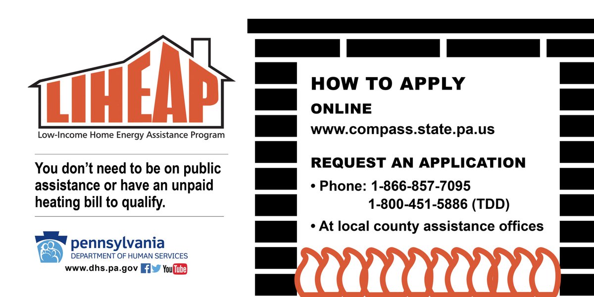 LIHEAP graphic: How to apply -- online: www.compass.state.pa.us. Request an application: by phone: 1-866-857-7095 or 1-800-451-5886 (TDD); at local county assistance offices.