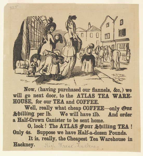 soxgnasher's tweet photo. Coffee one shilling a pound #Hackneys cheapest - Advertisement for the Atlas Tea Warehouse, woodcut and letterpress, around 1850. Museum no. E.4761-1923. ©Victoria and Albert Museum https://t.co/NtOMtmsM23