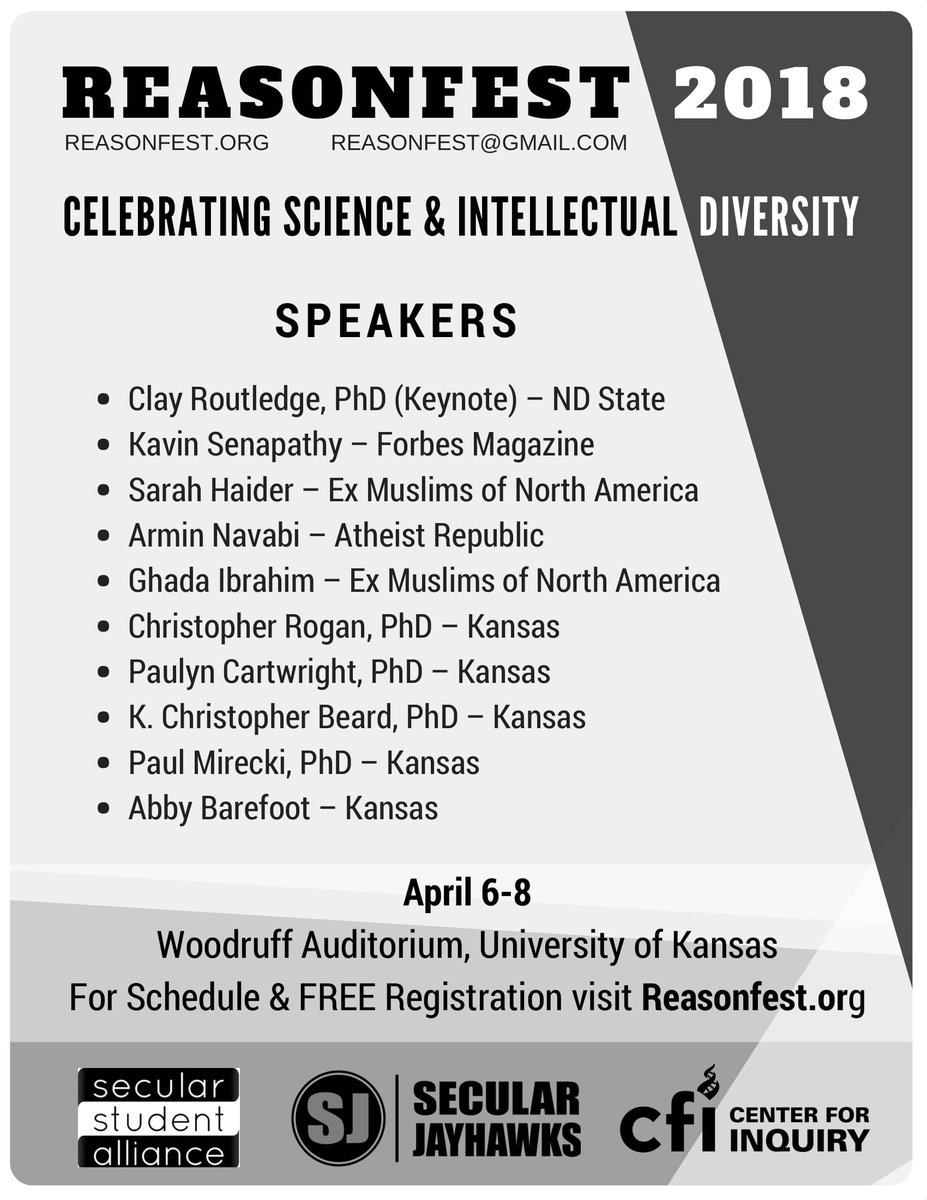 secularjayhawks's tweet image. Join local atheists, skeptics, and critical thinkers this weekend at #ReasonFest2018 We will feature academics and experts from around the country speaking on topics ranging from dogma to genomes.

Schedule, speaker info, and FREE registration: ReasonFest.org