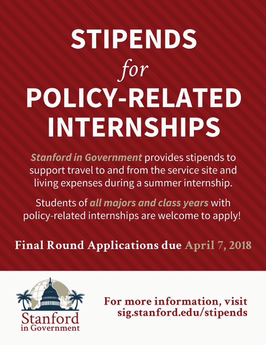 Reminder that our final round deadline for stipend applications is this Saturday, April 7th! These stipends are perfect for those that have policy-related internships lined up for this summer, but still in need funding!

Apply here:
sig.stanford.edu/stipends/