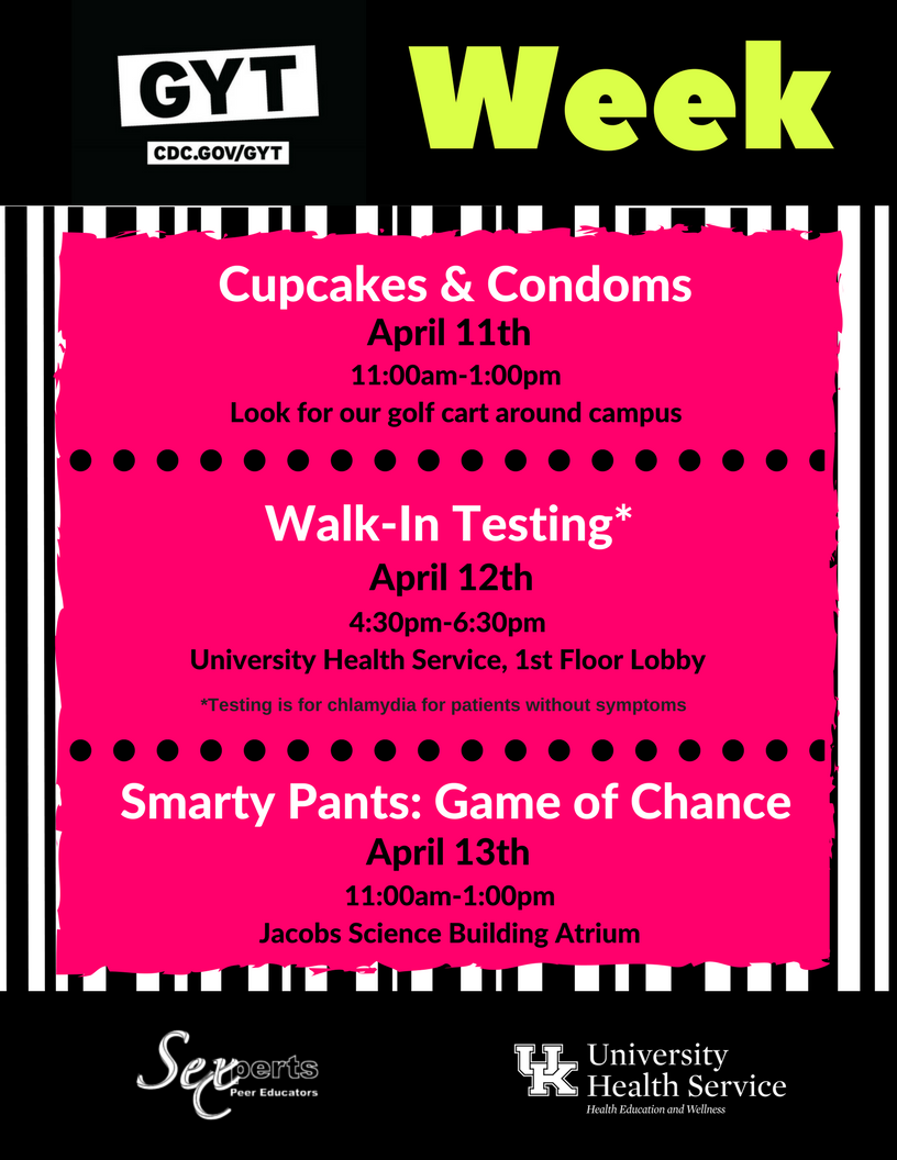 UHSPaws's tweet photo. #GYTWeekUK is next week! Remember the most common symptom of an STI is no symptom at all. Take advantage of the #Free STI testing at UHS and follow @UKSexperts for more #SexEdFun. #SaferIsSweeter https://t.co/8KoLLdQeUl